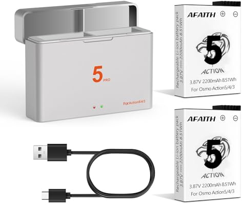 AFAITH 2X Osmo Action Akkus mit Akkuladeschale 2200mAh Batterie für DJI Osmo Action 6/5Pro/4/3/360 DJI Kamera Extreme Akku -20 °C bis +45 °C Schnelles Laden(2Battries und 1Ladegerät)