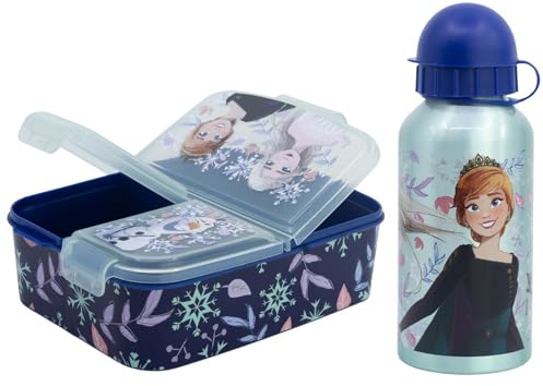 Disney Die Eiskönigin Kinder Lunch Set – 2-teilig mit Brotdose & Aluminium-Trinkflasche (400 ml) – Offizielles Frozen Lizenzprodukt – Anna, ELSA & Olaf Motiv – ideal für Schule & Kindergarte