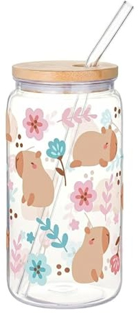 470ML Capybara Trinkbecher mit Deckel und Strohhalm, Iced Coffee Glas in Dosenform, Vielseitiges Trinkglas, Bubble Tea Becher für Kaffee, Milch, Saft, Smoothie Becher(Capybara & Blumen Muster)