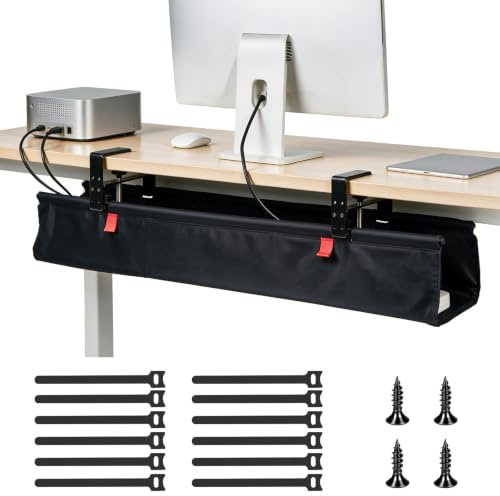 MIGUBIGU Cable Management Bureau sans Perçage 90cm, pour Bureau/Maison | Cable Management Tray Under Desk, Range Cable Bureau Goulotte en Tissu Oxford, Montage par Serrage ou Par Vis
