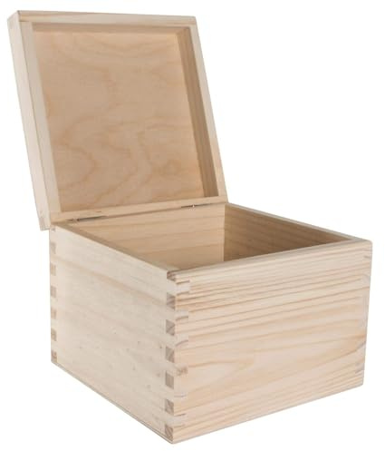 WooDeeDoo Square Wooden Box with Hinged Lid – 16 x 16 x 13.5 cm – Plain Pine Storage Chest for Keepsakes Crafts Gifts Jewellery Trinkets Decoration Unpainted Untreated DIY