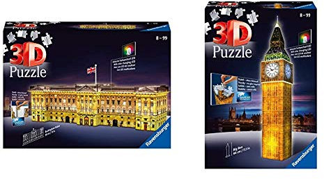 Ravensburger Buckingham Palace Night Edition 216 piece 3D Jigsaw Puzzle with LED lighting & 12588 Big Ben Night Edition 216 Piece 3D Jigsaw Puzzle with LED Lighting for Kids Age 8 Years and up
