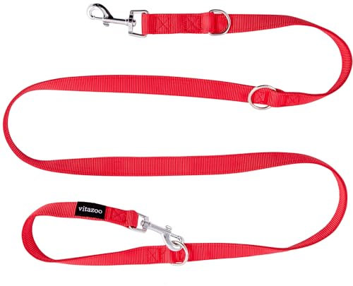 vitazoo Hundeleine in Rot 2mx2,5cm, fest und in 3 Längen verstellbar - geeignet für große und kräftige Hunde - Hundeleine, Doppelleine