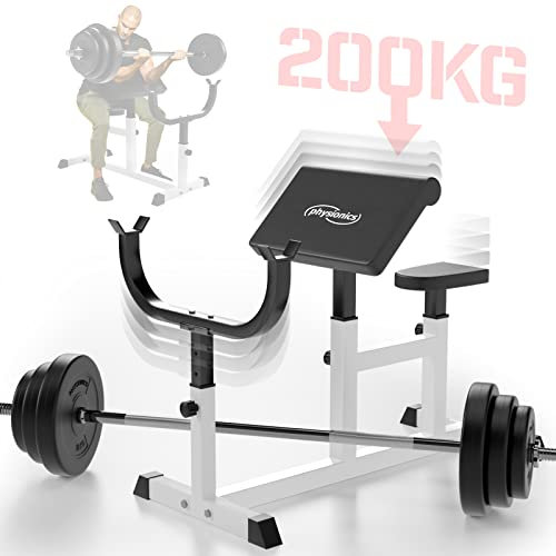 Physionics® Curlbank mit Langhantelset - 140cm Langhantel, 35kg Gewichte, Sitz/Ablage/Armlehne höhenverstellbar, bis 200kg belastbar, 90x50cm, aus Stahl, Weiß - Scottbank, Bizepsbank, Curl Hantelbank