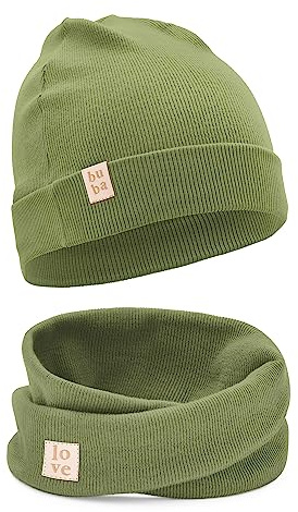 Bubalove Mützen und Schalset für Jungen, Mädchen, Baby, Größen 0mc bis 12 Jahre+ viele Farben, Frühlings-, Herbstsets, Baumwollmützen, handgenäht (40-46 cm, Oliv)