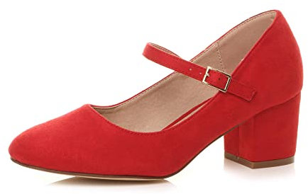 AJVANI Womens Ladies mid Block Heel Strap Work Evening Party Mary Jane Court Shoes Size 3 36 Red Suede