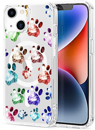 Idocolors for iPhone 13 Case Compatible with MagSafe, Magnetic Cute Cartoon Dogs Paws Design Clear Phone Cover for Girls Women Soft TPU Hard Back Shockproof Protective Case for iPhone 13