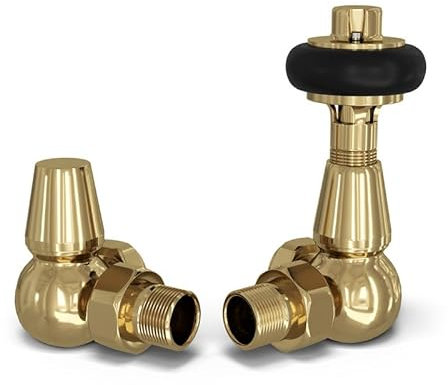 UK Radiators Polished Brass Finish Thermostatic Radiator Valve and Corner Lockshield - Traditional Design 1/2 x 15mm Wooden Head Corner Radiator Valve