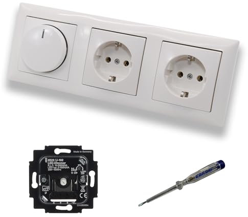 Busch Jäger 6523U-102 LED Drehdimmer Dimmer + Scheibe 2115-914 und 2 x Steckdose mit Kinderschutz 20EUCKS-914 in Balance Si alpinweiß glänzend + EBROM Phasenprüfer z. Montage der Geräte 6523 U – 102