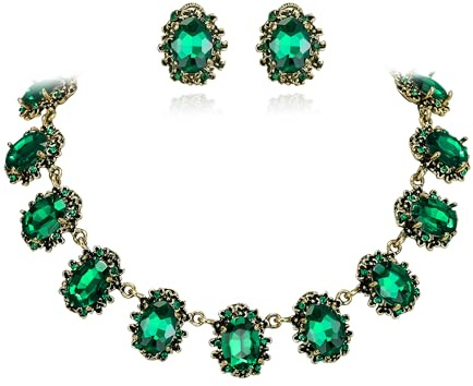 Clearine Victorian Style Statement Necklace Pierced Earrings Jewellery Set for Women Crystal Floral Cameo Inspired Oval Party Prom Jewelry