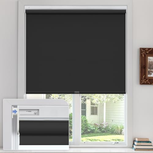 UrMoon Blackout Roller Blinds for Windows, No Drill Cordless Blind Easy Fit Room Darkening Shades Trimmable UV Protection Thermal for Home Office (Blackout - Black, Custom Sizes)