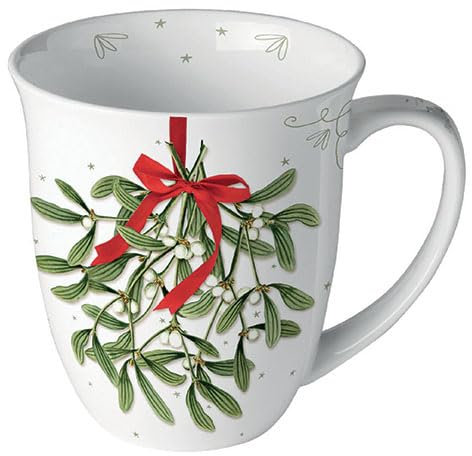 Ambiente Becher Kaffeetasse Tee Tasse 0,4 l Fine Bone China Porzellan serie mistletoe Mistelzweig Winter Weihnachten Advent