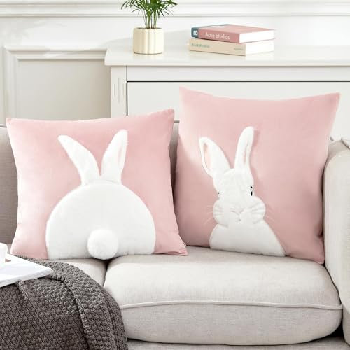 2 Stück Kissenbezug Ostern 45x45 cm, Osterhase Deko Plüsch Kissenhülle, Osterdeko Modern Kissenbezüge 45x45 cm, Deko Frühling Aesthetic Hase Zierkissenbezüge für Ostern Deko Innen, Wohnzimmer (Rosa)