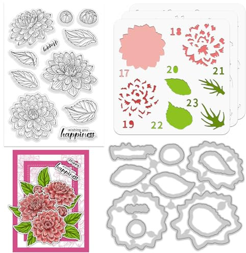 ORIGACH Dahlia Lot de pochoirs en silicone transparent pour la fabrication de cartes, pochoirs en forme de fleur pour loisirs créatifs, scrapbooking, album photo