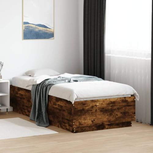 KTHLBRH Bettgestell Familienbett Doppelbett Schlafzimmer möbel Bettgestell mit LED Räuchereiche 90x190 cm Holzwerkstoff