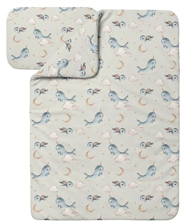waldin Babybettwäsche Bambus Viskose Set ohne Bezug, Wale/Olive | Hypoallergen, Atmungsaktiv, Thermoregulierend und Antibakteriell, Decke und Kissen mit Füllung, für Jungen und Mädchen
