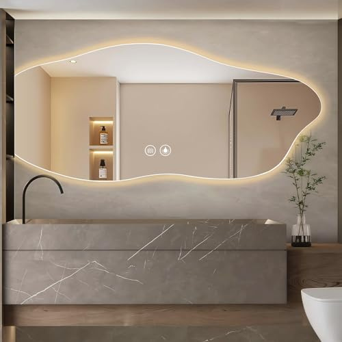 Asymétrique Miroir Salle de Bain avec Eclairage, 120×60cm LED Miroir Lumineux Mural avec lumière réglable 3 Couleurs, Dimmable, Anti-buée, Mémoire, Grand Miroirs Connecté Decoration, IP54