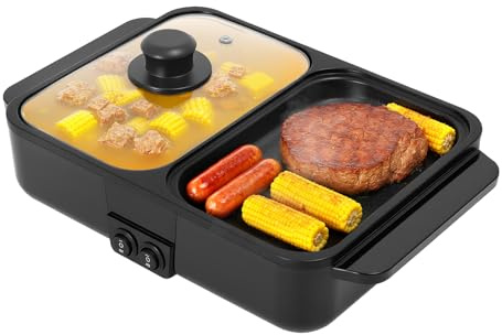 FFIHAKL 2-In-1 Electric Hot Pot with Grill, Portable Electric Hot Pot BBQ Baking Grill Pan Smokeless Non-Stick Pan, Perfect for Ramen, Soup, Frying, Shabu, Bbq Teppanyaki