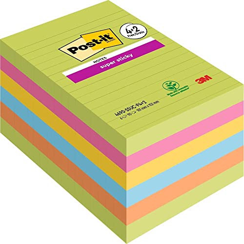 Post-it Notes Super Sticky XXL Large, Lined, 4 + 2 FREE Pads 540 Sheets, 101 mm x 152 mm - Self-Sticking Notes for Walls, Monitors and Fridge