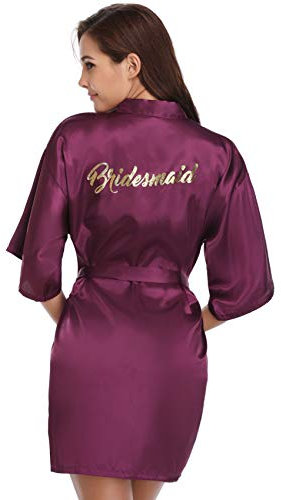 Vlazom Peignoir Satin Femme Robes de Chambre et Kimonos de Mariée Robes de Chambre Soie Court Kimono Col V avec Ceinture,Violet Foncé For Bridesmaid,S