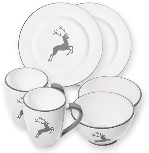 GMUNDNER CERAMIK Gourmet - Set di Piatti Stoviglie in Ceramica per 2 con Cervo Grigio, Fatte a Mano in Austria
