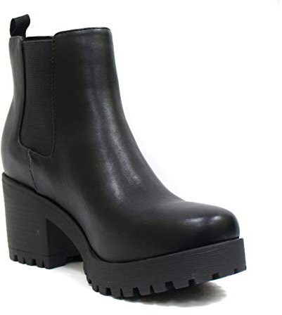 Soda Top Shoes Jaber Ankle Boot W Lug Sole Elastic Gore and Chunky Heel (BLACK PU, Medium, 10)