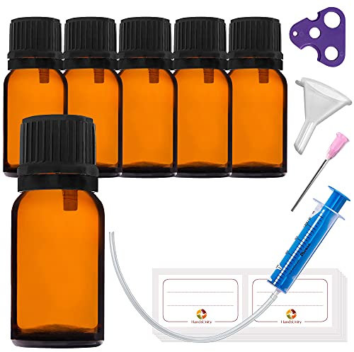 HandsUnity 10ml-6pcs Dropper Insert Bottle Small Amber Glass Bottle – Apothecary Glass with Black Dropper Insert Cap made of Brown Glass set including 18 auxiliary Accessories