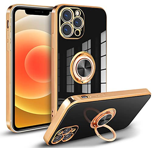 Newseego Case Compatible with iPhone 12 Pro Max Electroplated Soft TPU Back Phone Cover for Girls with 360 Degree Rotation Magnetic Finger Ring Holder Shockproof Case for iPhone 12 Pro Max-Black