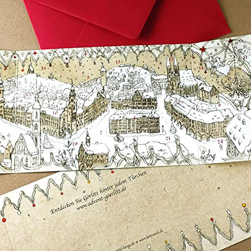 10 Görlitz-Adventskalender mit rotem, nassklebenden B6-Umschlägen, Klappkarten mit Altarfalz, prima zum Verschicken und Hinstellen - Idee und Gestaltung: Astrid Lange