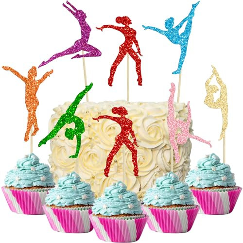 Gyufise 28 Stück Glitzer-Gymnastik-Cupcake-Topper, Turnerin, Mädchen, Cupcake-Dekorationen, bunte Gymnastik-Silhouette, Kuchendekorationen für Fitnessstudio, Thema, Babyparty, Geburtstagsparty-Zubehör