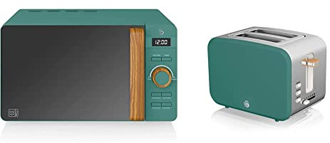 Swan Nordic Micro-ondes numérique 20 L, 6 niveaux de fonctionnement, 800 W de puissance, minuterie 30 min & Nordic Grille-pain à fente large 2 tranches, 3 fonctions, 6 niveaux de grillage, vert mat