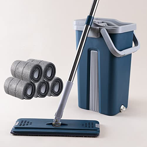 FURUIWUFENG wischmopp MOP Eimer Set Waschmaschine Flache Mopp Lazy Magic Rad Waschen Staubentfernung Liefert Haushaltsreinigungsfenster bodenwischer (Color : Navy Within 6 Pads)