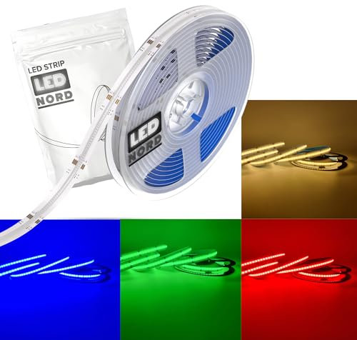 LED Nord COB RGBWW LED Strip 5m dimmbar zum Kleben kürzbar - RGB COB LED Streifen 24v für TV Fernseher Küche - Lichtband LED selbstklebend 5m indirekte Belechtung - RGBW LED Strips warmweiss