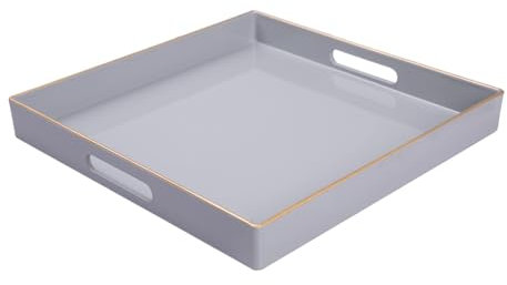 MAONAME Decorative Tray, Gray Serving Tray with Handles, Coffee Table Tray, Square Plastic Tray for Ottoman, Bathroom, Kitchen, 13x13x1.57