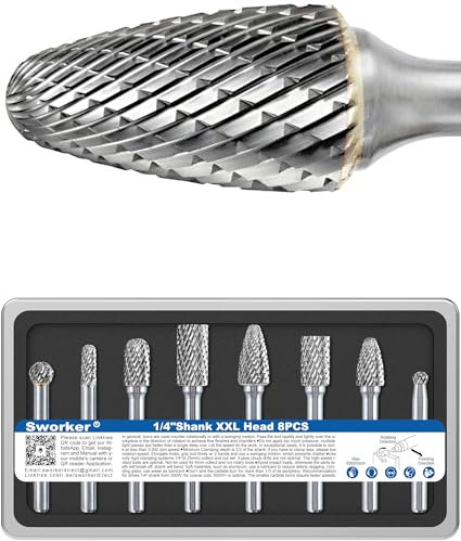Sworker Hartmetall-Frässtift-Set, 6,35 mm Schaft, 8 Stück, mit Holzsockel, Schleif-Bits, Dreh-Raspelfeile für Metallschweißnähte, Beton, Stein, Holz, Kunststoff, Schnitzen, Schneiden, Reinigen,