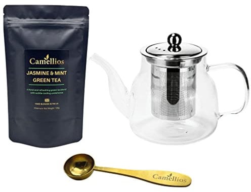 Loose Leaf Gift Set, Heat Resistant Teapot, Tea Measuring Spoon, 100g Loose Leaf Tea, Camellios (Jasmine and Mint Green Tea)