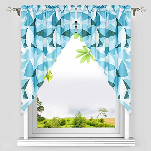 HeichkelL Scheibengardine Dreiecke Halbtransparent Küchen Vorhang 2 teilig mit Kräuselband/Tunnelzug Fenstergardinen Landhausstil Geometrisches Muster Blau BxH 90x60 cm