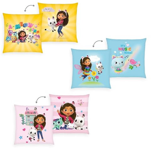 Herding Kissen, Gabby's Dollhouse, 40 x 40 cm, 3er Set, Weiches Deko- und Kuschelkissen für Kinder, 100% Polyester