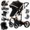 MoLi Passeggino Trio, Passeggino 3 in 1 con Doppia Modalità Push Reversibile, Trio Passeggino Neonati con Grande Navicella, Carrozzina per Neonati in Alluminio Pieghevole (588 Noir Gold)