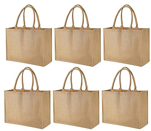 Paquete de 6 bolsas de arpillera, bolsa grande de lona de yute con asas, bolsas de playa reutilizables en blanco para madre, profesora, dama de honor, boda, compras, decoración de bricolaje, Brown,