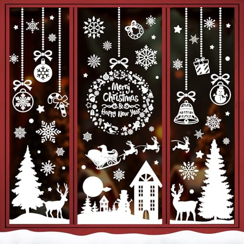 196 Fensterbilder Weihnachten Groß Selbstklebend, Weihnachtsdeko Fenster Fenstersticker Weihnachten Weiß Häuser Weihnachtsfenster Bilder, Winter Fensteraufkleber Weihnachten für Weihnachts Fensterdeko