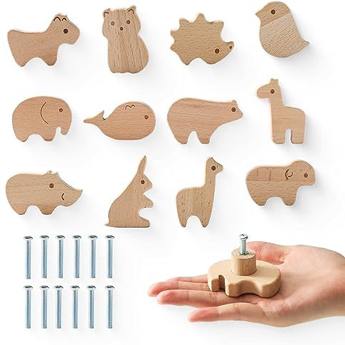 OESSUF - Juego de 12 pomos de madera para armario de habitación infantil, pomos para muebles en diferentes formas de animales, con tornillos, tiradores de madera para armarios y puertas para niños