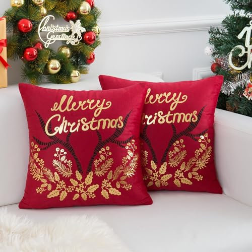 2er Set Samt Kissenbezug 40x40 cm Weihnachten Rot Modern Dekorative Bronzieren Elch Kissenbezüge Festival SofaKissen Gemütlich Weich Quadratisch Heimdekoration für Auto Couch Schlafzimmer