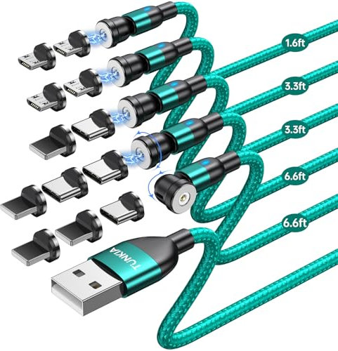 TUNKIA Magnetic Charging Cable (4Pack, 3.3ft/3.3ft/6.6ft/6.6ft)/360°&180° Rotating USB C with LED/Magnetic Charger Cable/Magnetic Phone Cord-Nylon Braided for More Devices