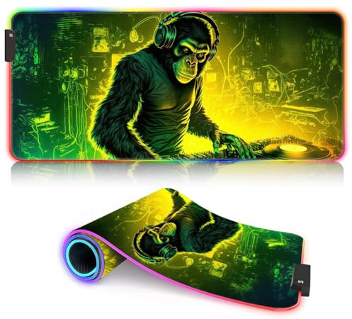 Tapis Souris Jeu Monkey DJ RGB avec 14 Modes d'éclairage - Port USB, Étanche pour Bureau, PC, Clavier - XL 35x60 cm
