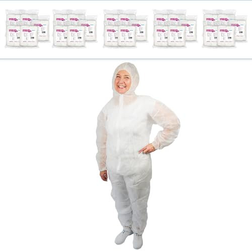 50x ARNOMED® Schutzanzug Einweg Extra Stark XL, Einwegoverall, Einweganzug, Einweg Maleranzug & Lackieranzug, Staubschutzanzug, Maleroverall & Asbest Schutzanzug, Einmalanzug Weiß