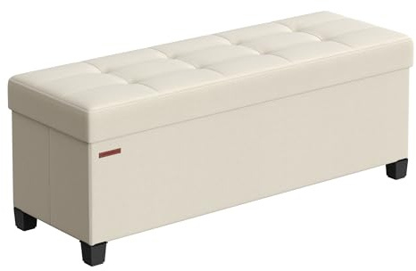 SONGMICS Storage Ottoman Bench, Foldable Foot Rest with Legs, 15 x 43 x 15.7 Inches, End of Bed Bench, Storage Chest, Load up to 660 lb, for Living Room, Bedroom, Entryway, Cream White ULSF018W01