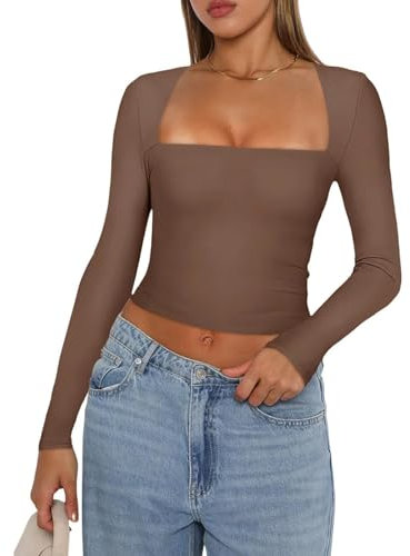 Yassiglia Basic Long Sleeve Tops Women Y2K Crop Top Women's Crew Neck Slim Fit Shirt Skims Dupe Casual Tight Baby Tees Girls Aesthetic Clothes (Brown A, M)