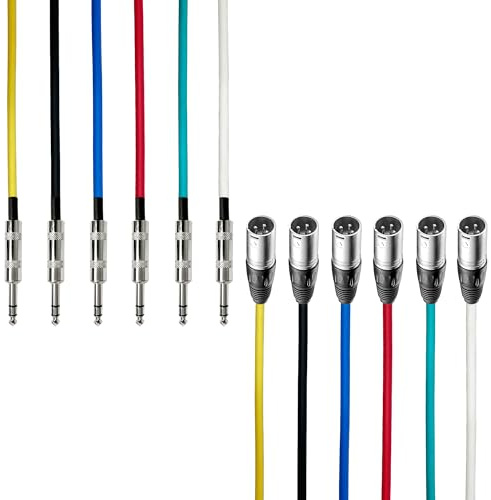 AxcessAbles XLR Male to 1/4 TRS Speaker 15ft Color Cable Pack |15ft Patch Cable Audio Cords | Balanced Speaker, Microphone Snake Cords (15ft - 6 Pack)