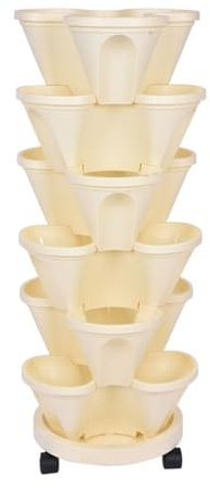 Macetero Vertical de 6 Niveles, Torre Apilable, Maceteros Verticales de Fresa, Maceteros Apilables para Hierbas Y Verduras con Ruedas Móviles, Maceteros de Jardín para Fresas, Flores,(Beige)